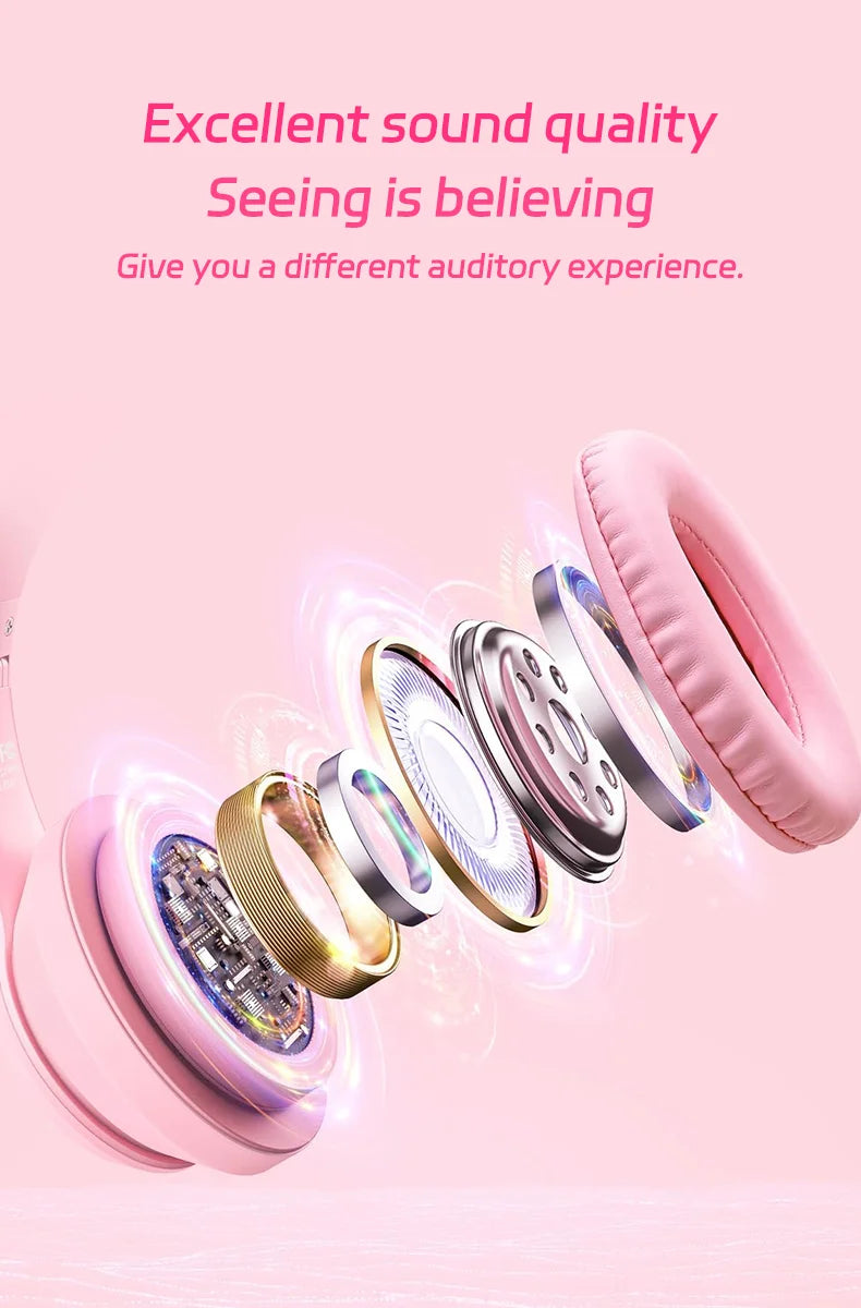 Fones de Ouvido Bluetooth com Luz de Gato Fofinho, Fones de Ouvido Sem Fio com Microfone HD, Música Estéreo HiFi, Headset Gamer, presente para crianças