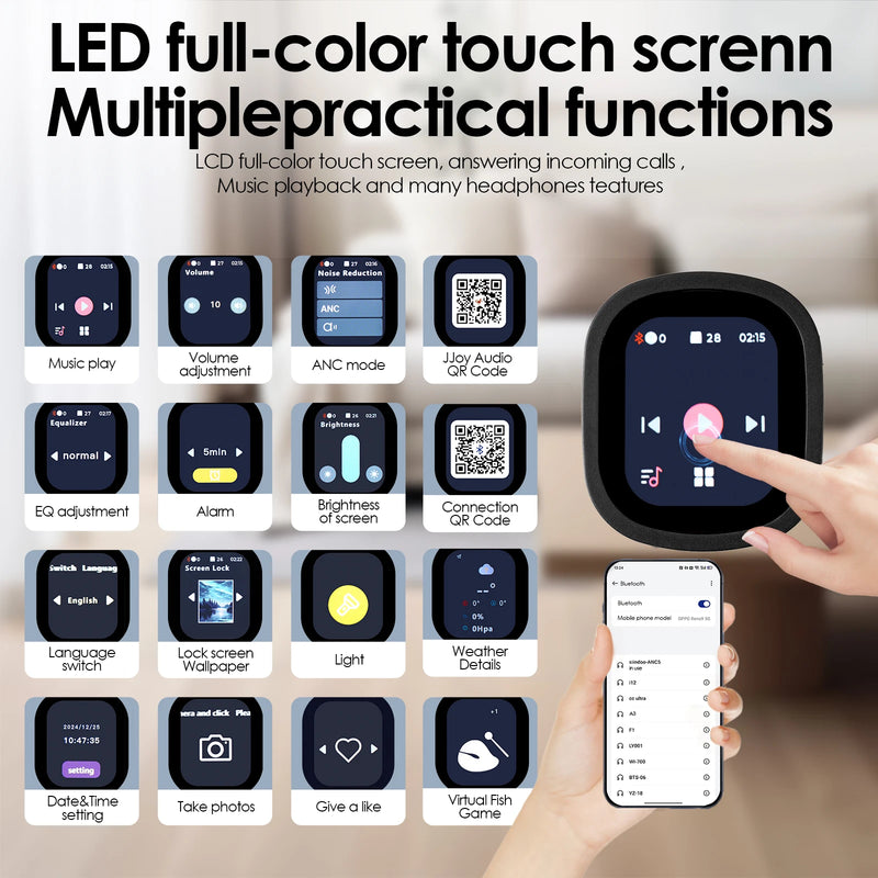 Fone de Ouvido Sem Fio Híbrido Siindoo JH-ANC930Plus, Fones de Ouvido com Cancelamento Ativo de Ruído com Tela LED de Controle Táctil Magnético Múltiplo