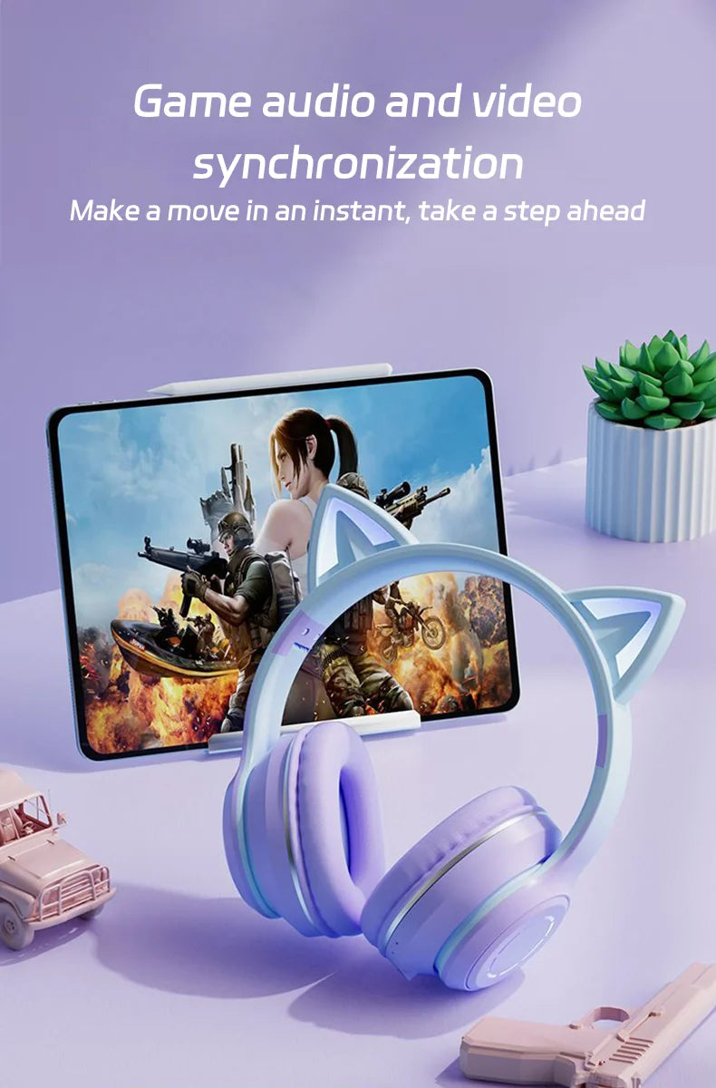 Fones de Ouvido Bluetooth com Luz de Gato Fofinho, Fones de Ouvido Sem Fio com Microfone HD, Música Estéreo HiFi, Headset Gamer, presente para crianças
