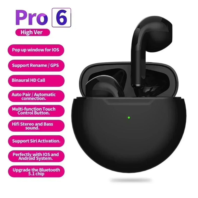 Novos Fones de Ouvido Sem Fio Pro 6 TWS com Microfone Fone Bluetooth Auriculares para Corrida Esportiva para Apple iPhone Xiaomi Pro6 Fones de Ouvido