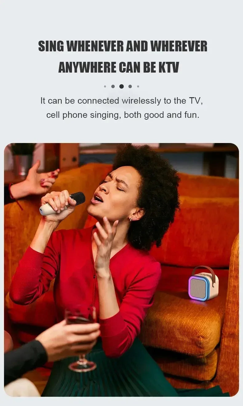 Máquina de karaokê K12 com 1/2 microfones sem fio, sistema de alto-falante portátil 5.3 PA Bluetooth com luzes RGB, áudio para casa KTV, presente para crianças