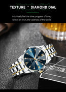 Relógio de Luxo Masculino com Diamante em Água, Brilho Noturno, Calendário Duplo, Movimento de Quartzo 41mm, Azul Dourado, Aço Inoxidável, Estilo Empresarial