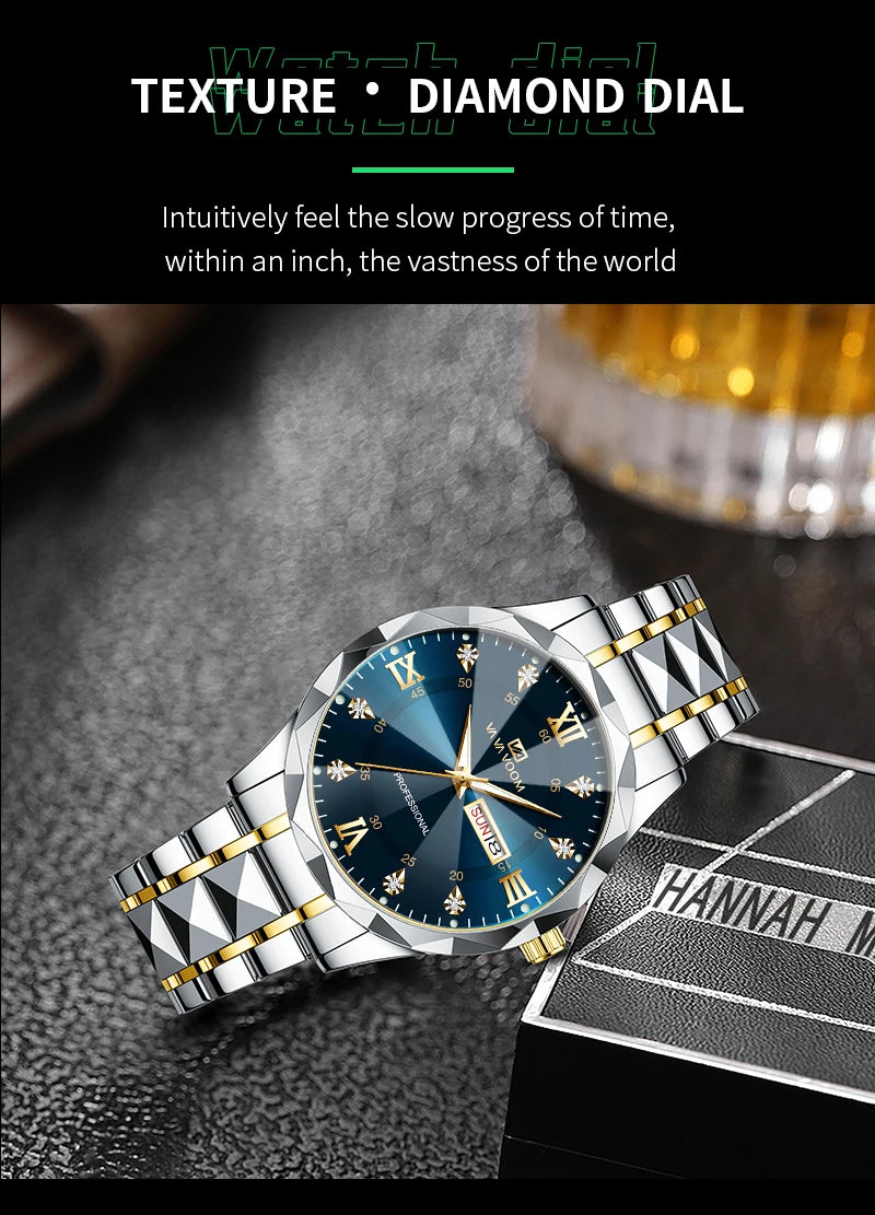 Relógio de Luxo Masculino com Diamante em Água, Brilho Noturno, Calendário Duplo, Movimento de Quartzo 41mm, Azul Dourado, Aço Inoxidável, Estilo Empresarial