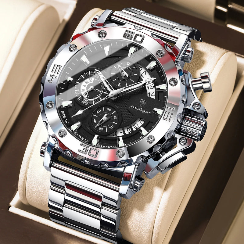 Relógio de Luxo POEDAGAR para Homens com Calendário Luminosa à Prova d'Água Relógio Masculino Cronógrafo em Aço Inoxidável Relógios de Quartzo Masculinos Reloj