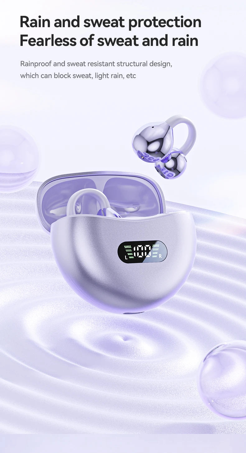 Fones de Ouvido Bluetooth 5.4 HIFI Sem Fio com Condução Óssea Clip On com Microfone, Tela Digital, À Prova D'Água, Headsets Esportivos 2025