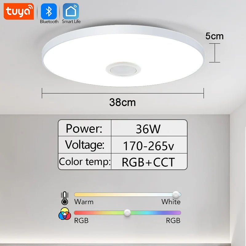 Luz de Teto LED RGB Inteligente com Alto-falante 30W 36W Reproduz áudio musical APP TUYA Bluetooth WIFI Decoração de Casa Quarto Sala de Estar