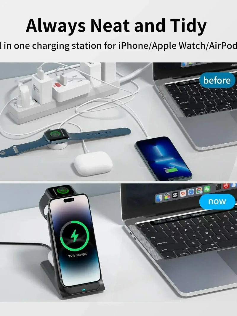 Suporte Sem Fio para iPhone 16/15/14/13 Pro Max Apple iWatch 9/8/7/6/5 Airpods 3/2  Carga Rápida KPON 3 em 1