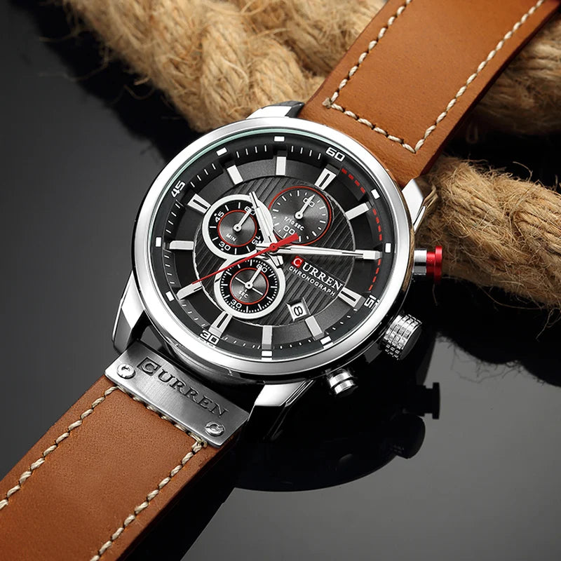Relógio de Marca CURREN para Homens, Relógios Esportivos de Couro, Relógio de Pulso Militar Masculino Quartz com Cronógrafo, Clock Masculino Relógio Masculino