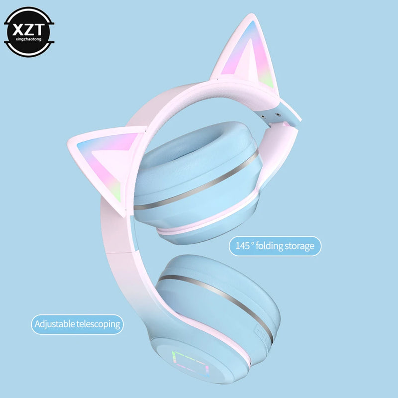Mais novo fone de ouvido sem fio com orelhinhas de gato, lanterna LED, microfone, estéreo para meninas, capacete dobrável, headset Bluetooth, presente.