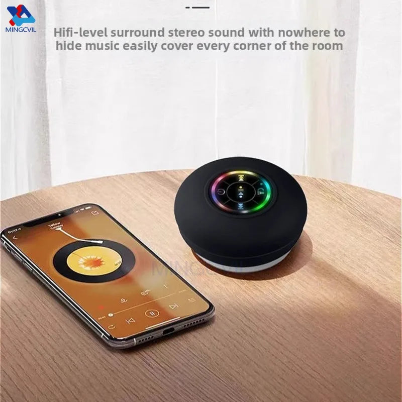 Mini Alto-Falante Portátil MINGCVIL Bluetooth à Prova d'Água IPX4 com Luzes LED para Banheiro e Área Externa, com Ventosa Grande que Pode Ser Fixada na Parede