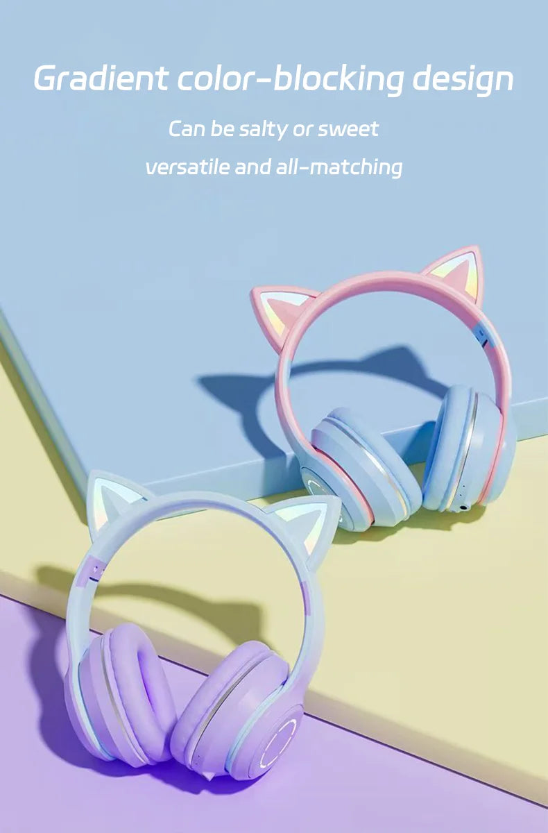Fones de Ouvido Bluetooth com Luz de Gato Fofinho, Fones de Ouvido Sem Fio com Microfone HD, Música Estéreo HiFi, Headset Gamer, presente para crianças