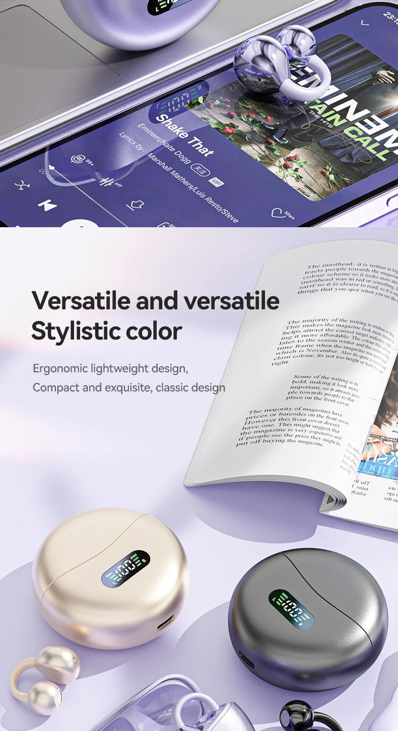 Fones de Ouvido Bluetooth 5.4 HIFI Sem Fio com Condução Óssea Clip On com Microfone, Tela Digital, À Prova D'Água, Headsets Esportivos 2025