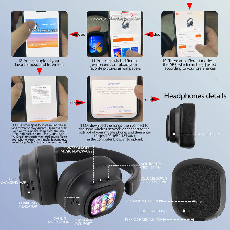 Fone de Ouvido Sem Fio Híbrido Siindoo JH-ANC930Plus, Fones de Ouvido com Cancelamento Ativo de Ruído com Tela LED de Controle Táctil Magnético Múltiplo