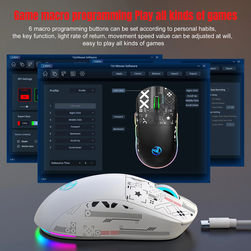 Mouse gamer sem fio HXSJ T90 2.4G com 3 modos, botões silenciosos e ergonômicos, RGB colorido com iluminação de fundo e bateria recarregável de 650mAh para laptop.