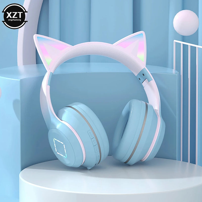 Mais novo fone de ouvido sem fio com orelhinhas de gato, lanterna LED, microfone, estéreo para meninas, capacete dobrável, headset Bluetooth, presente.