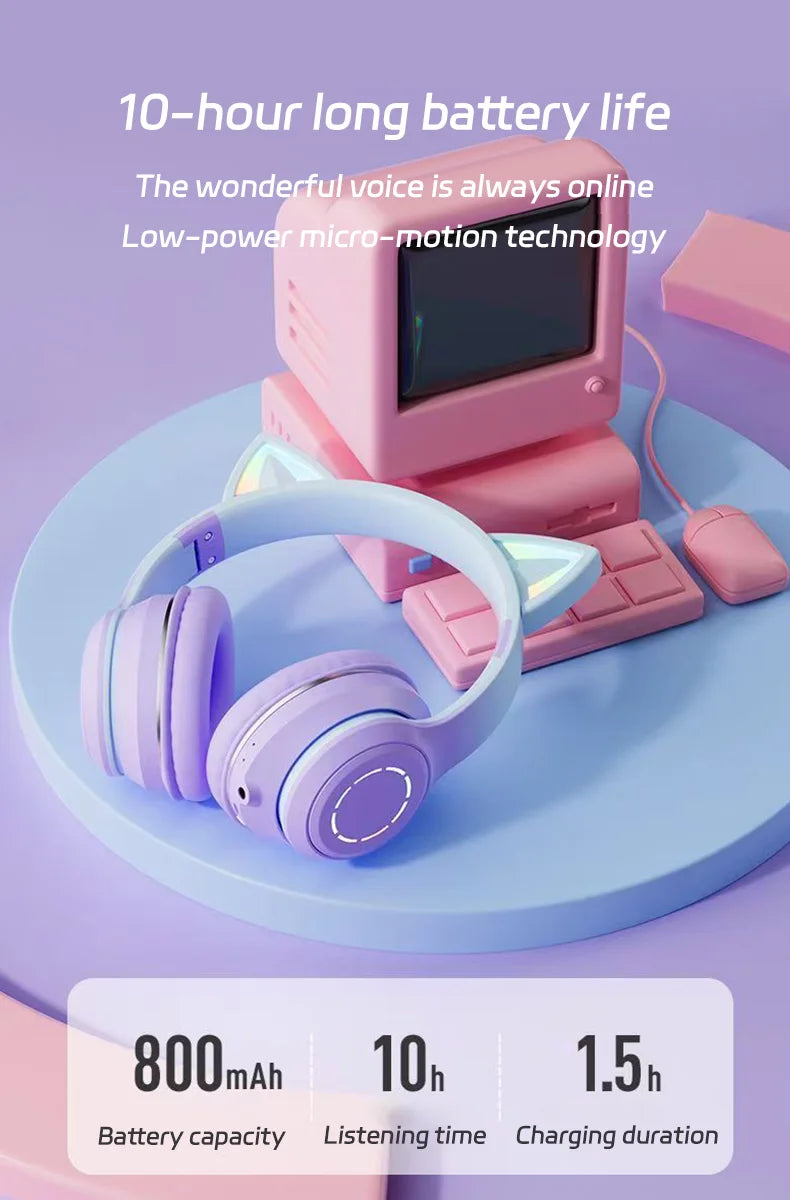Fones de Ouvido Bluetooth com Luz de Gato Fofinho, Fones de Ouvido Sem Fio com Microfone HD, Música Estéreo HiFi, Headset Gamer, presente para crianças