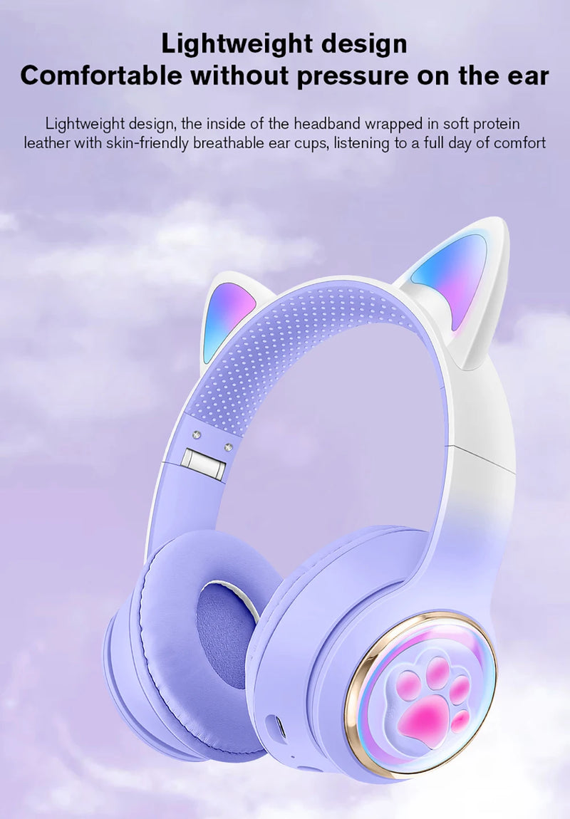 Fones de Ouvido Sem Fio RGB com Orelhas de Gato para PC, Bonito Fone de Ouvido Bluetooth em Forma de Cápsula Espacial 3D, Fone de Ouvido Gamer Dobrável para Presentes de Crianças e Meninas