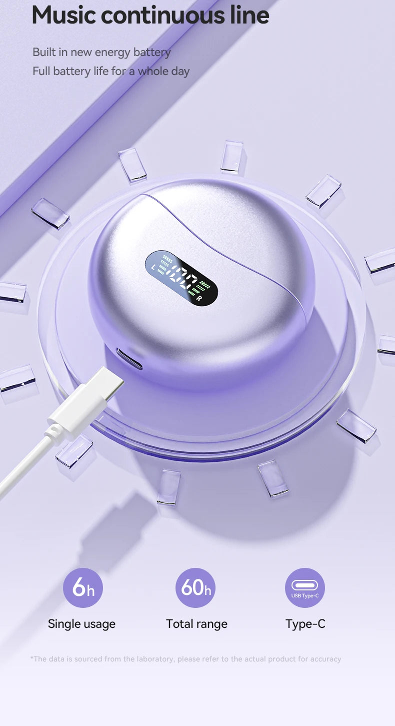 Fones de Ouvido Bluetooth 5.4 HIFI Sem Fio com Condução Óssea Clip On com Microfone, Tela Digital, À Prova D'Água, Headsets Esportivos 2025