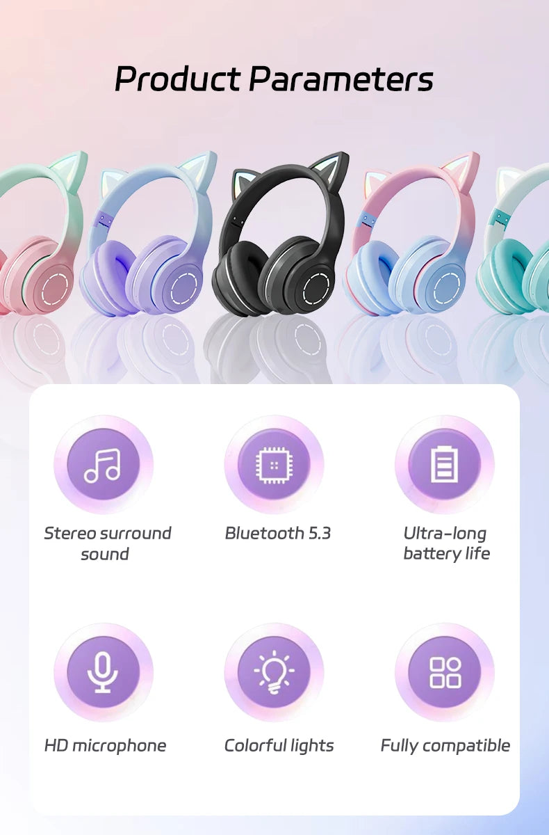 Fones de Ouvido Bluetooth com Luz de Gato Fofinho, Fones de Ouvido Sem Fio com Microfone HD, Música Estéreo HiFi, Headset Gamer, presente para crianças