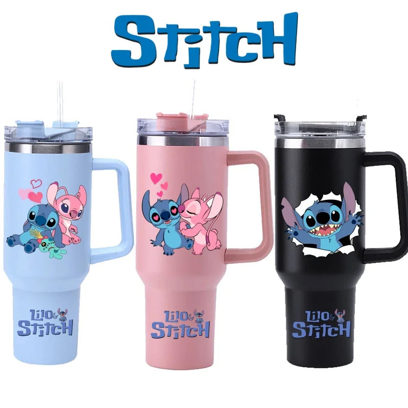 Copa Térmica de Café Lilo & Stitch com Canudo, Copo Térmico de Aço Inoxidável Isolado a Vácuo de 40oz para Bebidas Geladas, Copo de Viagem para Uso Externo