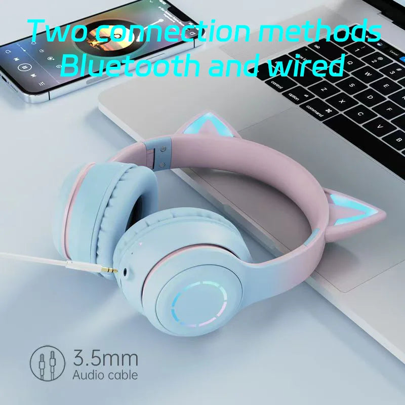 Fones de Ouvido Bluetooth com Luz de Gato Fofinho, Fones de Ouvido Sem Fio com Microfone HD, Música Estéreo HiFi, Headset Gamer, presente para crianças