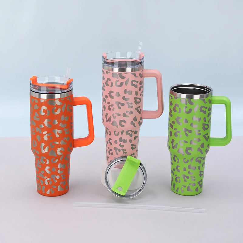 Copo de Aço Inoxidável com Estampa de Leopardo 40oz com Canudo 1Pc Copo de Carro Portátil de Grande Capacidade