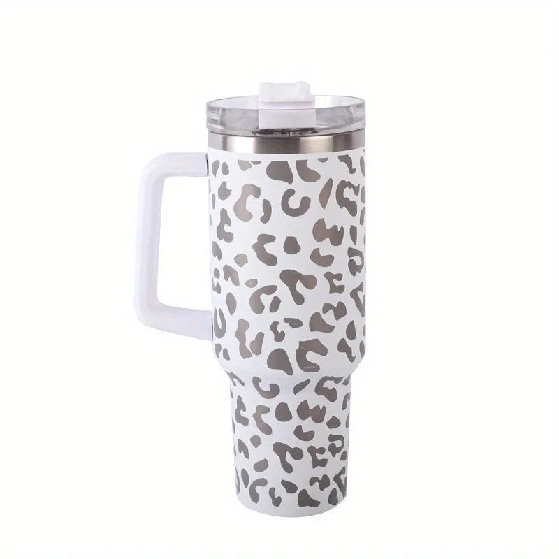 Copo de Aço Inoxidável com Estampa de Leopardo 40oz com Canudo 1Pc Copo de Carro Portátil de Grande Capacidade