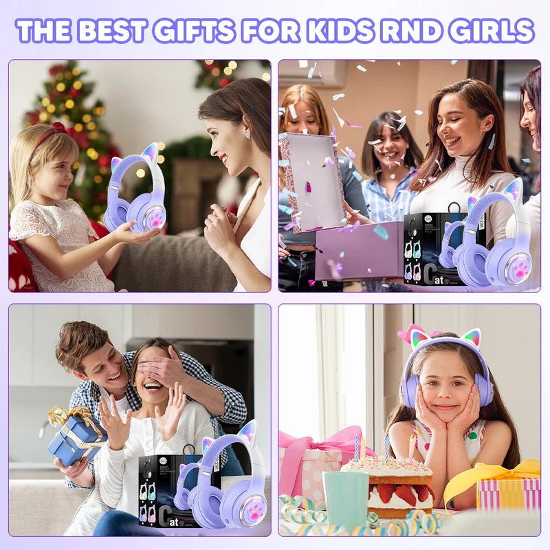 Fones de Ouvido Sem Fio RGB com Orelhas de Gato para PC, Bonito Fone de Ouvido Bluetooth em Forma de Cápsula Espacial 3D, Fone de Ouvido Gamer Dobrável para Presentes de Crianças e Meninas