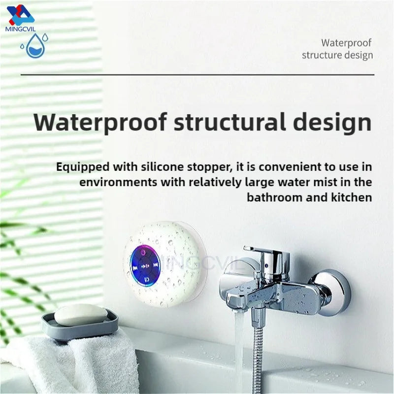 Mini Alto-Falante Portátil MINGCVIL Bluetooth à Prova d'Água IPX4 com Luzes LED para Banheiro e Área Externa, com Ventosa Grande que Pode Ser Fixada na Parede