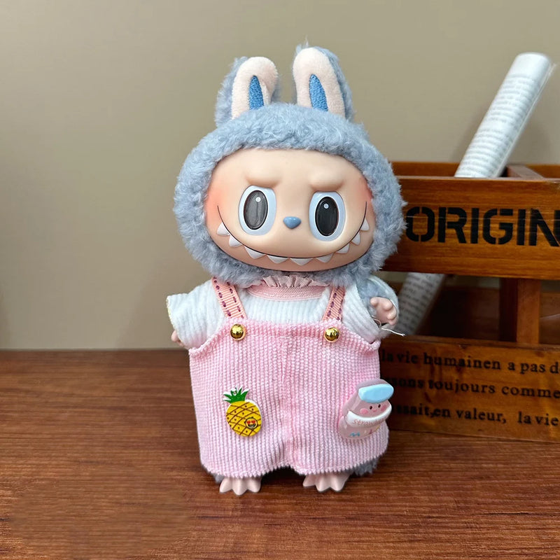 Conjunto de roupas de trabalho Mini 17cm Labubu Pingente de pelúcia de algodão DIY, saia e camiseta para boneca