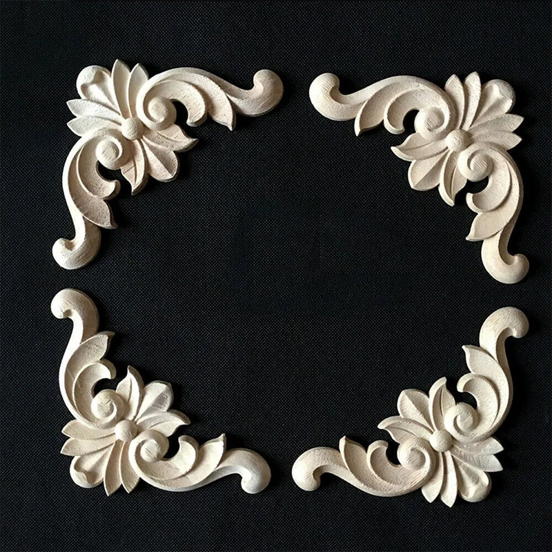 4pcs Wood Applique Carved Corner Onlay Furniture Mouldings Decal DIY For Frame Wall Door Cabinets Beige Decoration Crafts