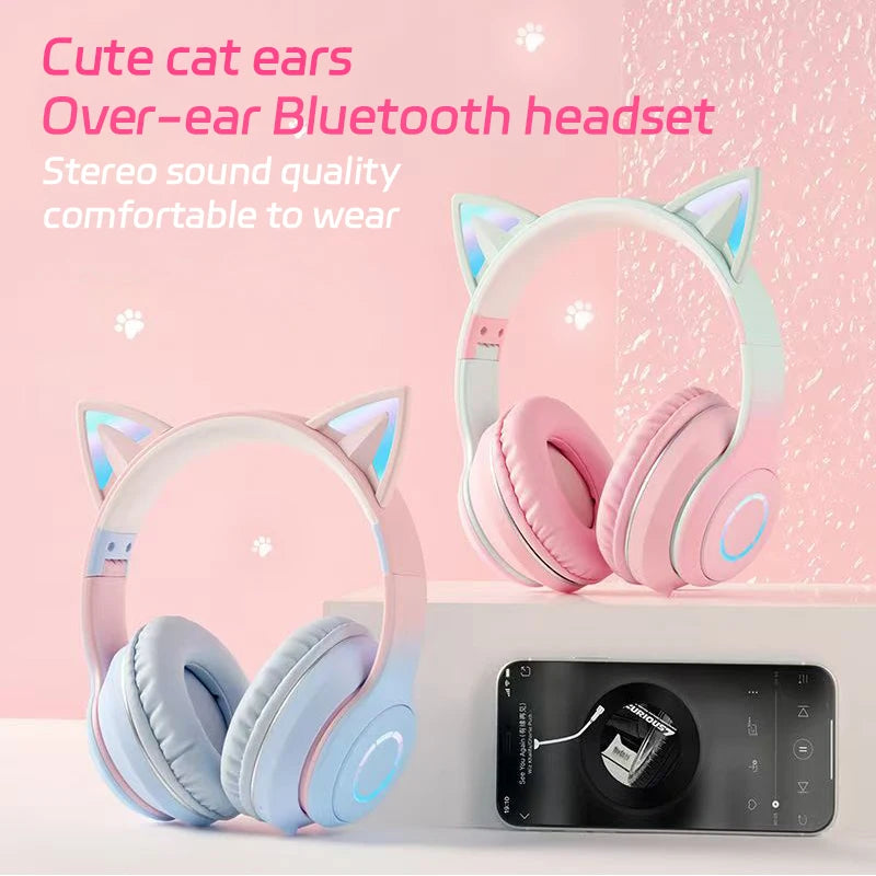 Fones de Ouvido Bluetooth com Luz de Gato Fofinho, Fones de Ouvido Sem Fio com Microfone HD, Música Estéreo HiFi, Headset Gamer, presente para crianças