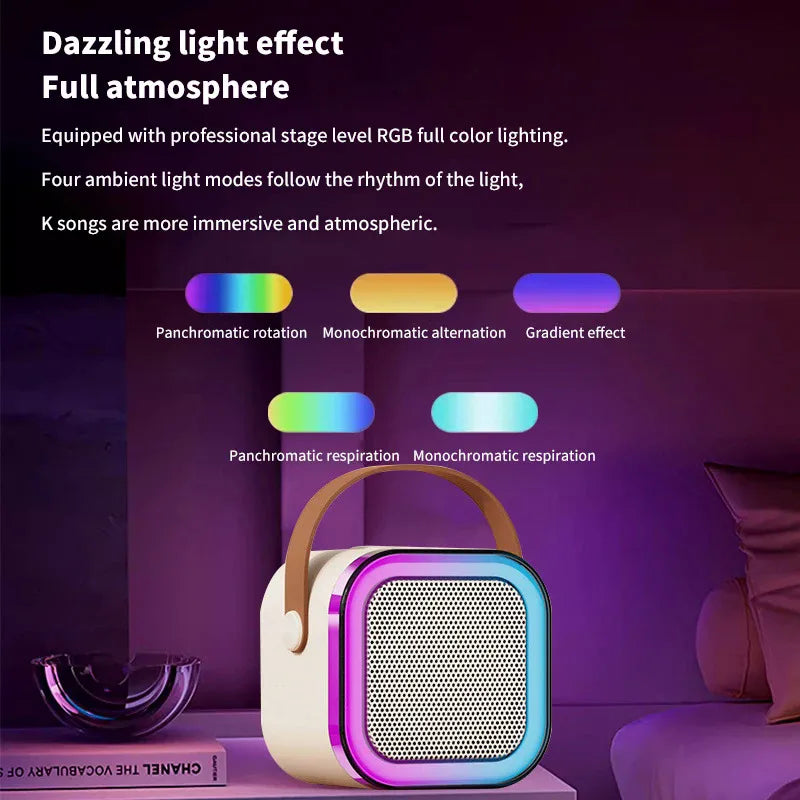 Máquina de karaokê K12 com 1/2 microfones sem fio, sistema de alto-falante portátil 5.3 PA Bluetooth com luzes RGB, áudio para casa KTV, presente para crianças
