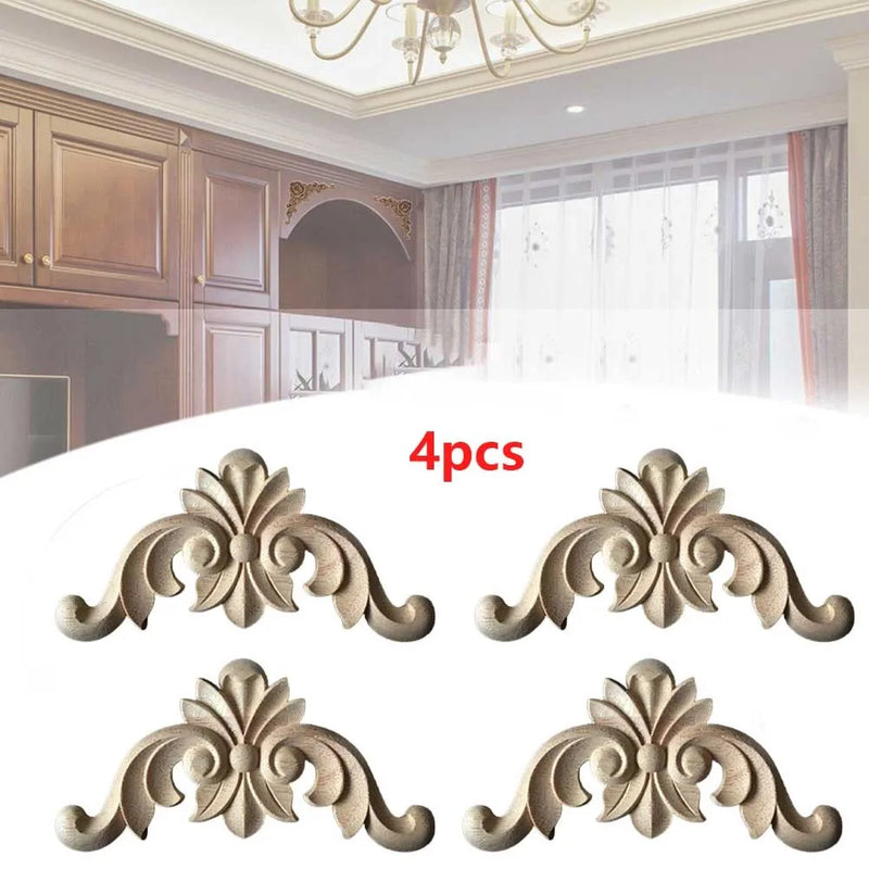 4pcs Wood Applique Carved Corner Onlay Furniture Mouldings Decal DIY For Frame Wall Door Cabinets Beige Decoration Crafts