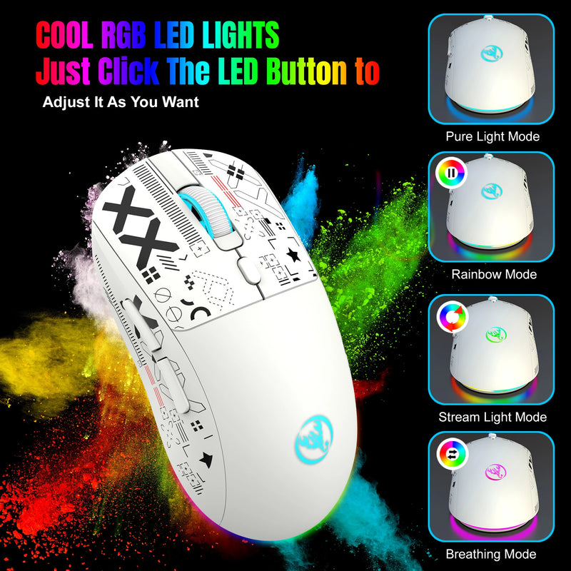 Mouse gamer sem fio HXSJ T90 2.4G com 3 modos, botões silenciosos e ergonômicos, RGB colorido com iluminação de fundo e bateria recarregável de 650mAh para laptop.