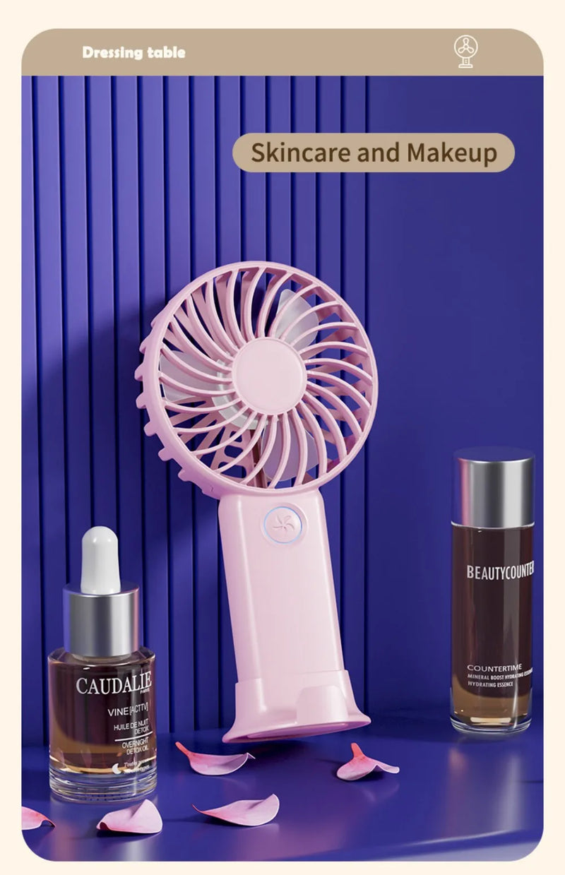 Ventilador Mini Portátil USB para Uso Externo, Ventilador de Mão com Suporte para Telefone de Mesa, 3 Ajustes de Ventos, Longa Vida Útil, Ventilador Mini Multifuncional