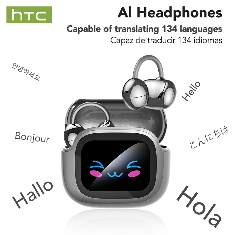 Fones de ouvido Bluetooth HTC NE32 V6.0 AI com tela sensível ao toque LCD, clipe para orelha OWS, fones de ouvido sem fio, tradutor, fones de ouvido com redução de ruído para chamadas