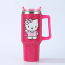 Copo a Vácuo de Aço Inoxidável Hello Kitty 40oz com Desenho de Desenho Animado, Copo Isolado com Estrass, Copo para Carro com Alça e Canudo, Grande Capacidade, Presente
