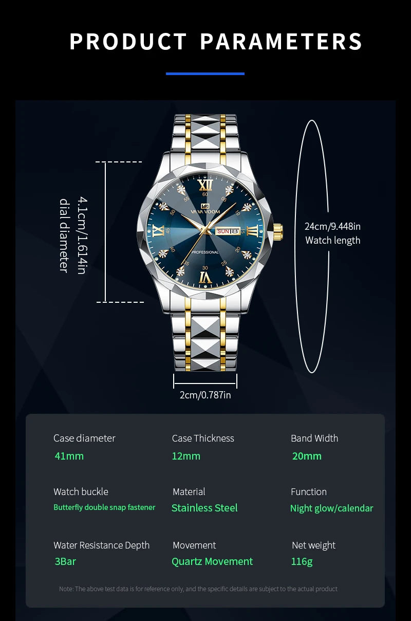 Relógio de Luxo Masculino com Diamante em Água, Brilho Noturno, Calendário Duplo, Movimento de Quartzo 41mm, Azul Dourado, Aço Inoxidável, Estilo Empresarial