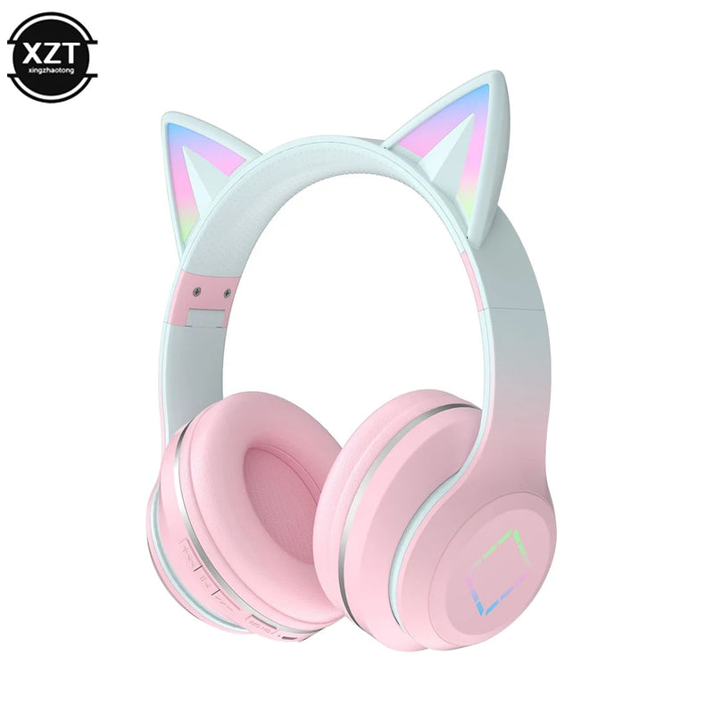 Mais novo fone de ouvido sem fio com orelhinhas de gato, lanterna LED, microfone, estéreo para meninas, capacete dobrável, headset Bluetooth, presente.
