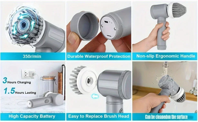 Escova Elétrica Giratória Sem Fio com 6 Cabeças de Escova Substituíveis Ferramentas de Limpeza com Escova Elétrica