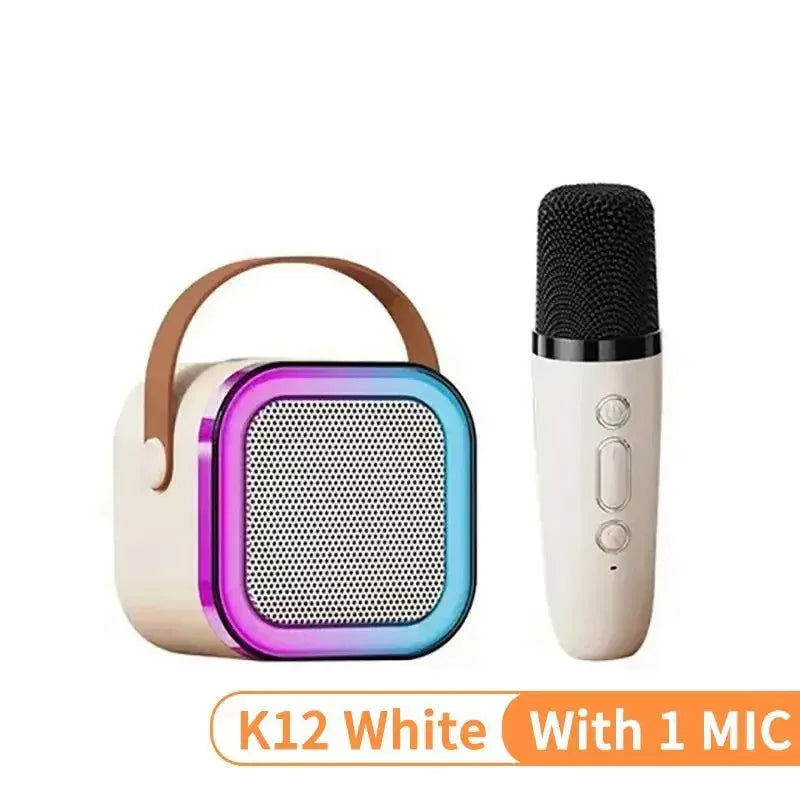 Máquina de karaokê K12 com 1/2 microfones sem fio, sistema de alto-falante portátil 5.3 PA Bluetooth com luzes RGB, áudio para casa KTV, presente para crianças