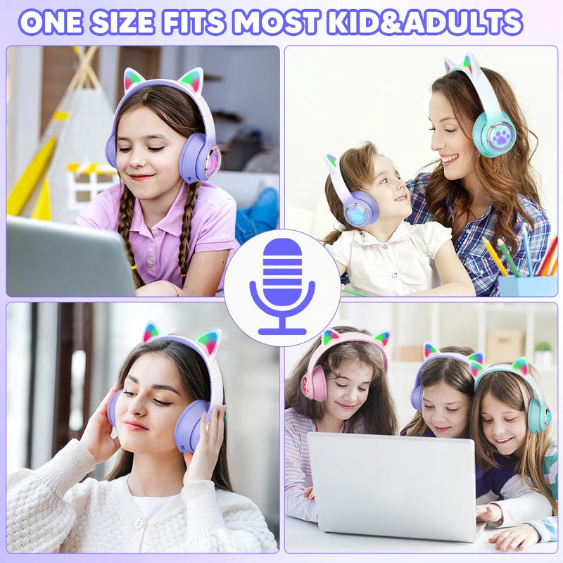 Fones de Ouvido Sem Fio RGB com Orelhas de Gato para PC, Bonito Fone de Ouvido Bluetooth em Forma de Cápsula Espacial 3D, Fone de Ouvido Gamer Dobrável para Presentes de Crianças e Meninas