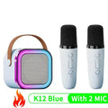 Máquina de karaokê K12 com 1/2 microfones sem fio, sistema de alto-falante portátil 5.3 PA Bluetooth com luzes RGB, áudio para casa KTV, presente para crianças