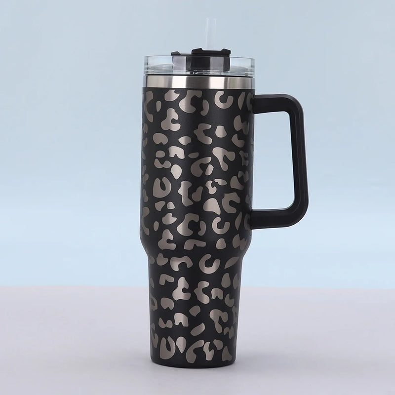 Copo de Aço Inoxidável com Estampa de Leopardo 40oz com Canudo 1Pc Copo de Carro Portátil de Grande Capacidade