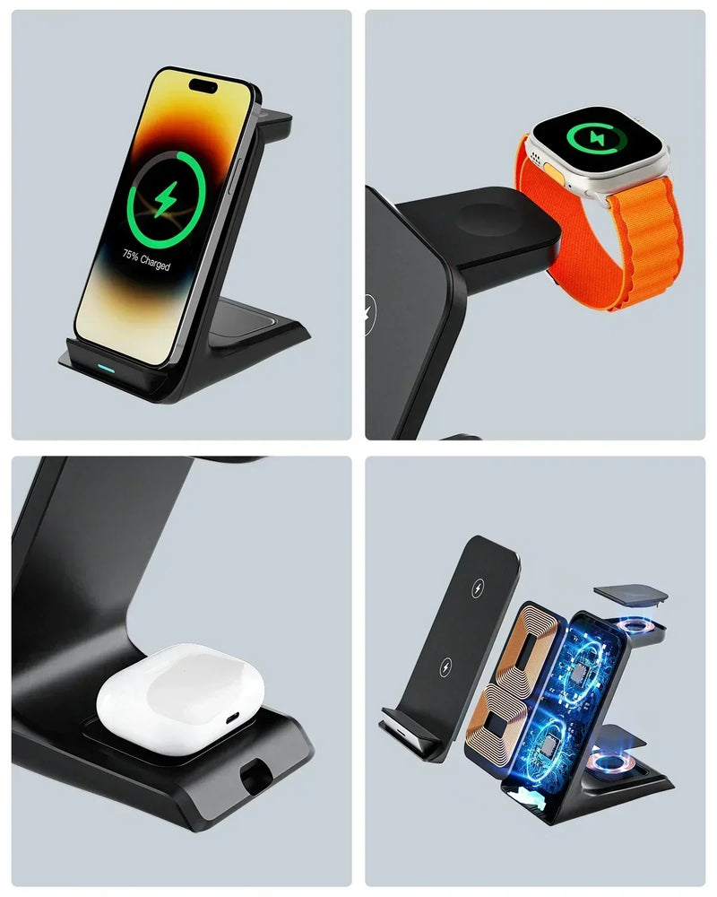Suporte Sem Fio para iPhone 16/15/14/13 Pro Max Apple iWatch 9/8/7/6/5 Airpods 3/2  Carga Rápida KPON 3 em 1