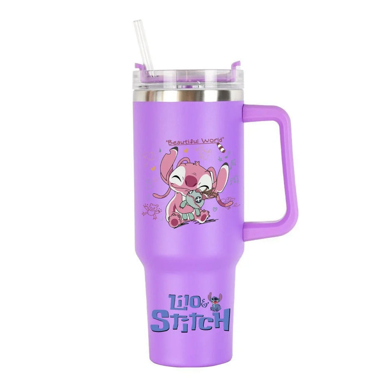Copa Térmica de Café Lilo & Stitch com Canudo, Copo Térmico de Aço Inoxidável Isolado a Vácuo de 40oz para Bebidas Geladas, Copo de Viagem para Uso Externo
