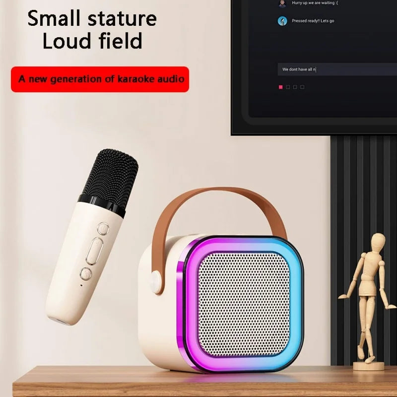 Máquina de karaokê K12 com 1/2 microfones sem fio, sistema de alto-falante portátil 5.3 PA Bluetooth com luzes RGB, áudio para casa KTV, presente para crianças