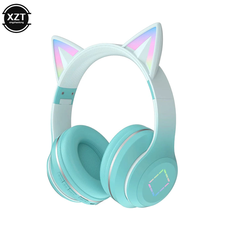 Mais novo fone de ouvido sem fio com orelhinhas de gato, lanterna LED, microfone, estéreo para meninas, capacete dobrável, headset Bluetooth, presente.
