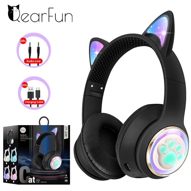 Fones de Ouvido Sem Fio RGB com Orelhas de Gato para PC, Bonito Fone de Ouvido Bluetooth em Forma de Cápsula Espacial 3D, Fone de Ouvido Gamer Dobrável para Presentes de Crianças e Meninas